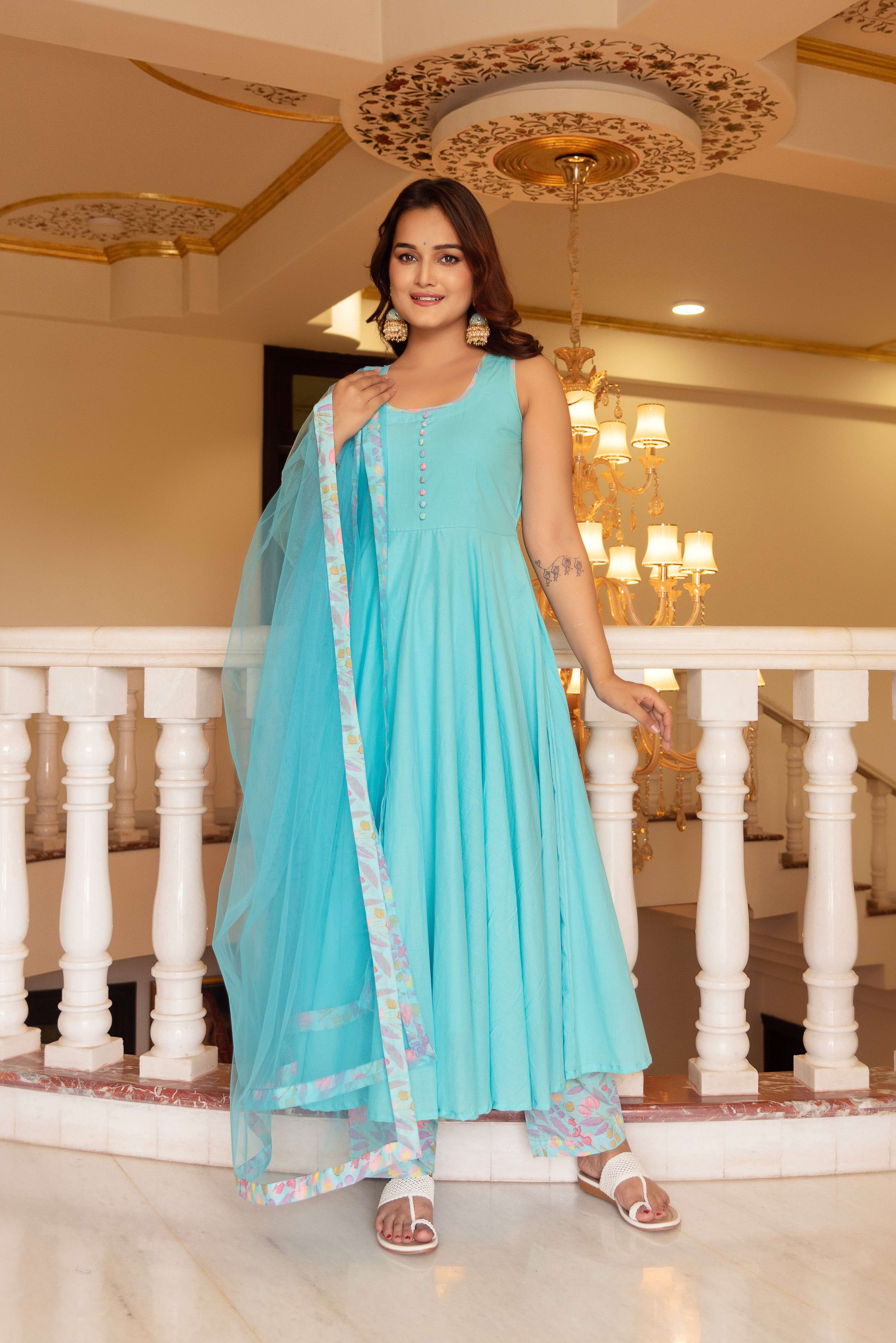 Pomcha Jaipur Kapas Pastel Blue Sleeveless Anarkali Set - Distacart