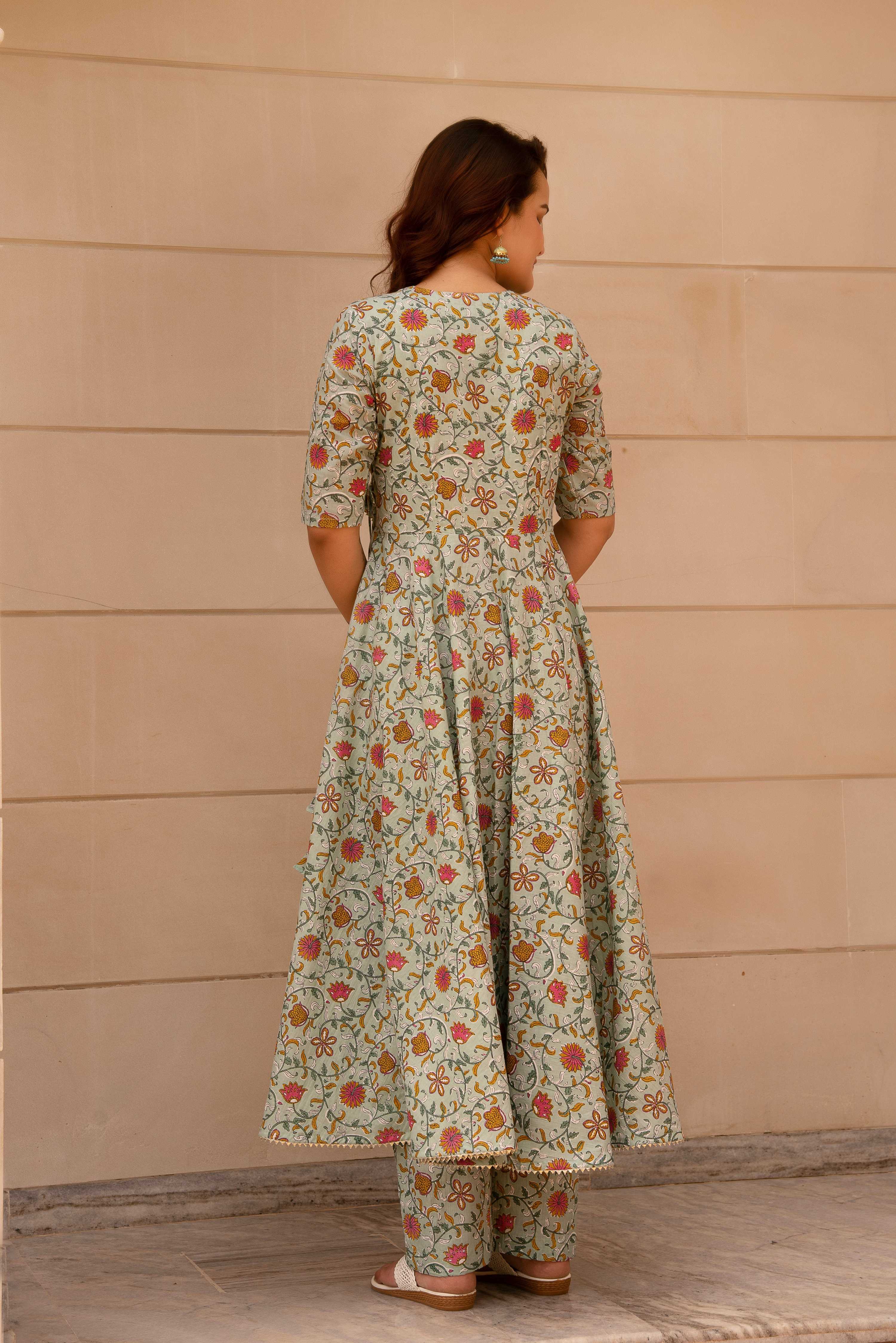 Pomcha Jaipur Kapas Pastel Green Anghrakha Set - Distacart