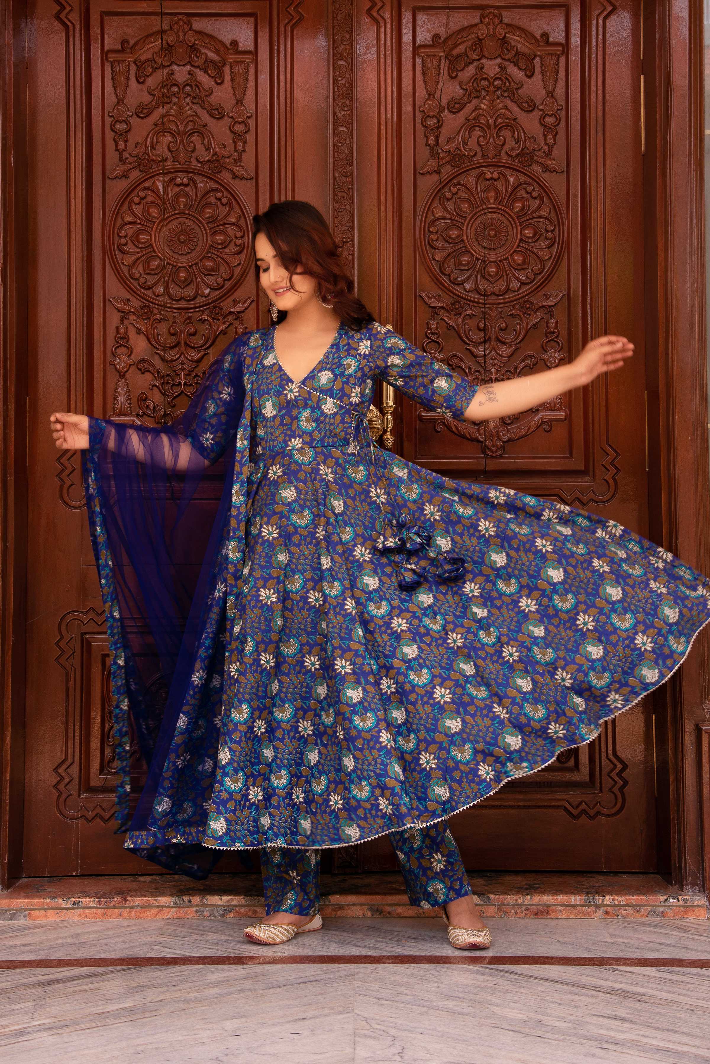 Pomcha Jaipur Kapas Royal Blue Angrakha Set - Distacart