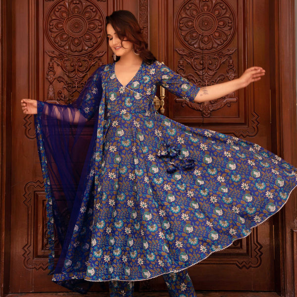 Pomcha Jaipur Kapas Royal Blue Angrakha Set - Distacart