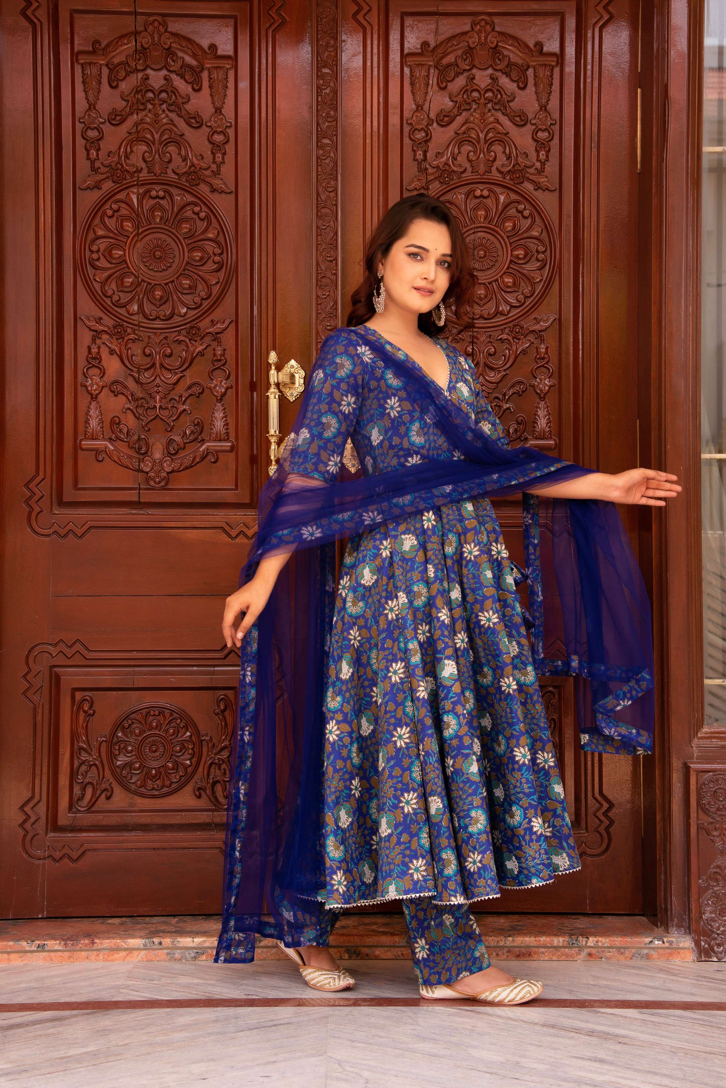 Pomcha Jaipur Kapas Royal Blue Angrakha Set - Distacart