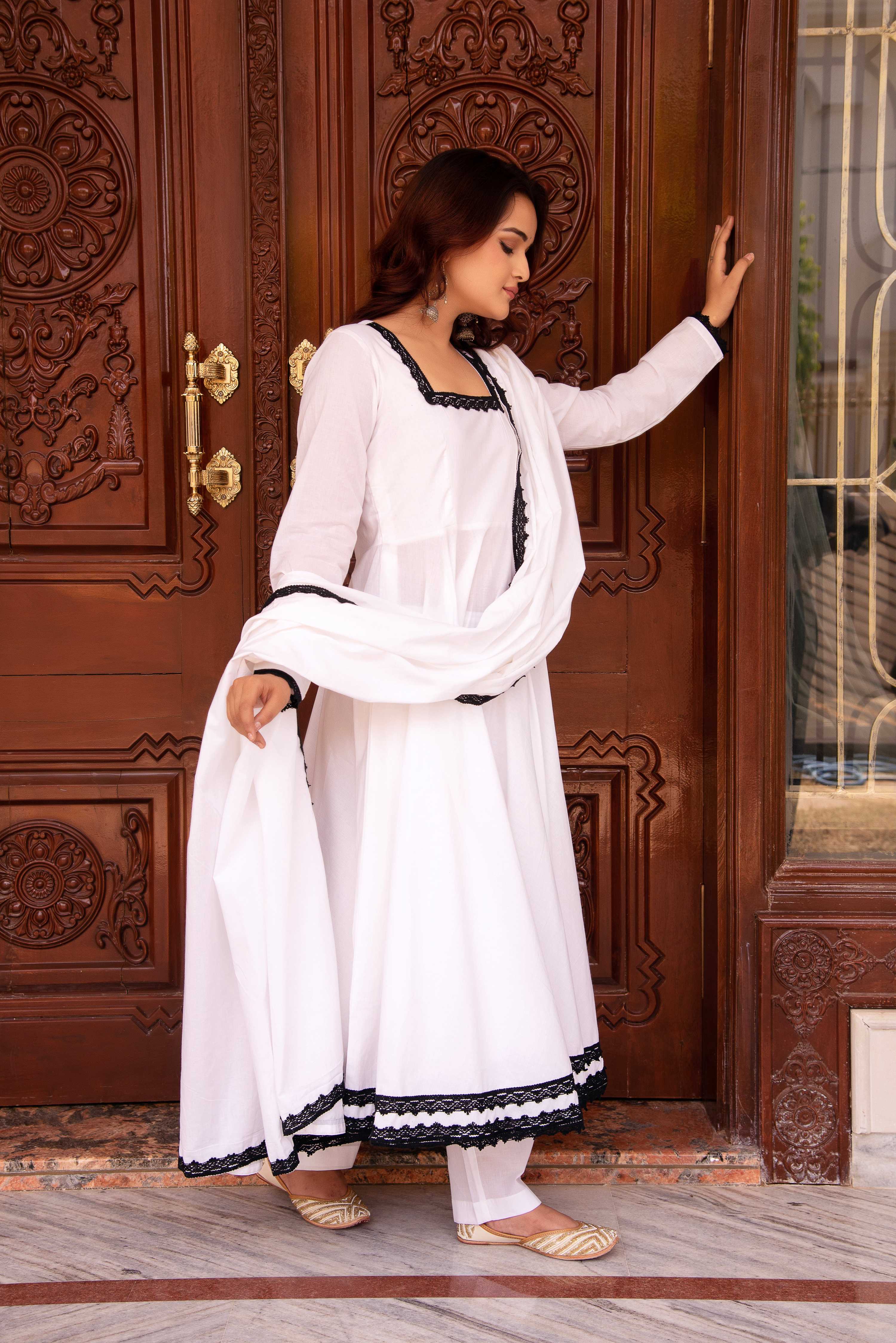 Pomcha Jaipur Kapas Black Lace White Full Sleeve Anarkali Set - Distacart
