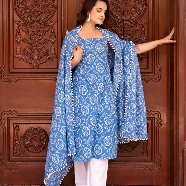 Pomcha Jaipur Kapas Blue Bandhej Sleeveless Suit Set - Distacart