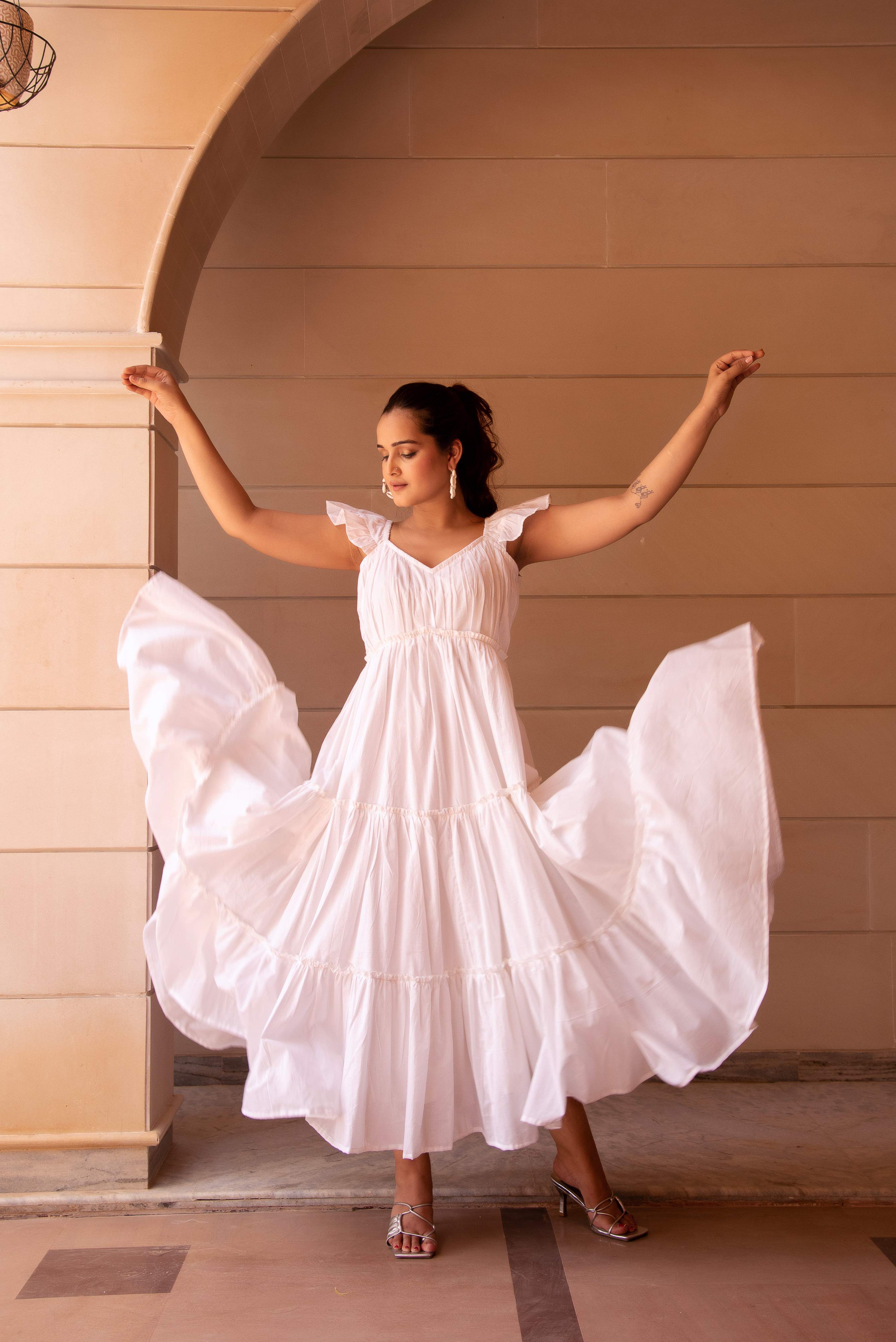 Pomcha Jaipur Kapas White Tiered Dress - Distacart