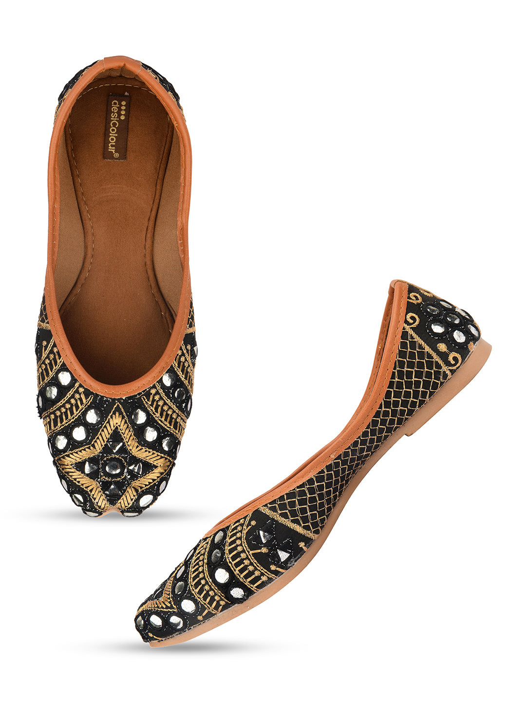 Desi Colour Women Indian Ethnic Footwear-Mini Dabka-Black Mirror - Distacart