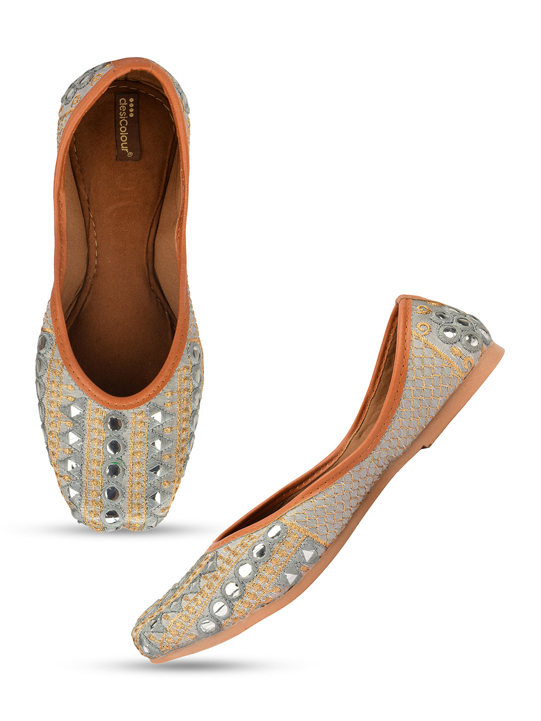Desi Colour Women Indian Ethnic Footwear-Mini Dabka-Grey Mirror Lines - Distacart