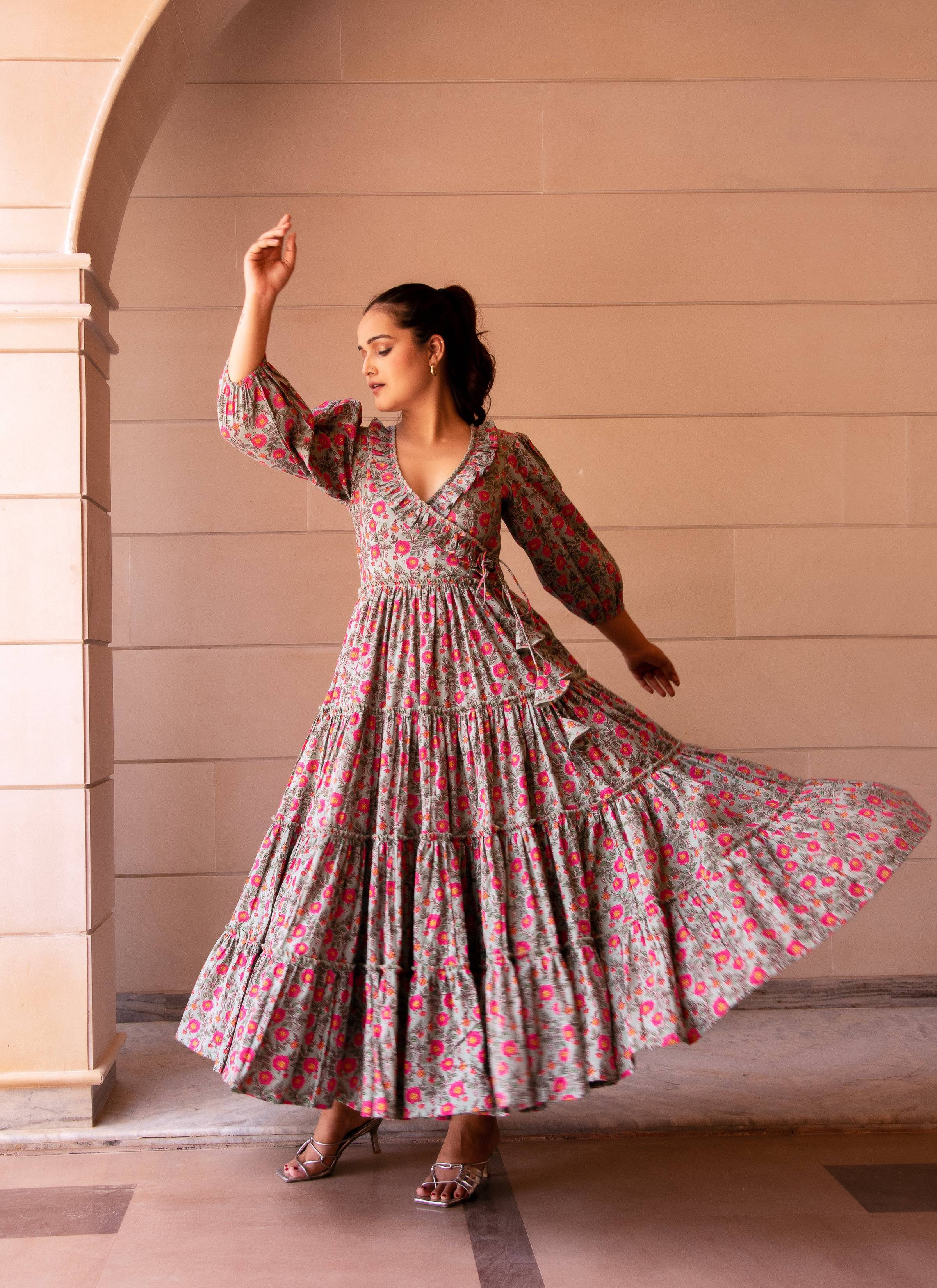 Pomcha Jaipur Kapas Pink Floral Ruffle Long Dress - Distacart