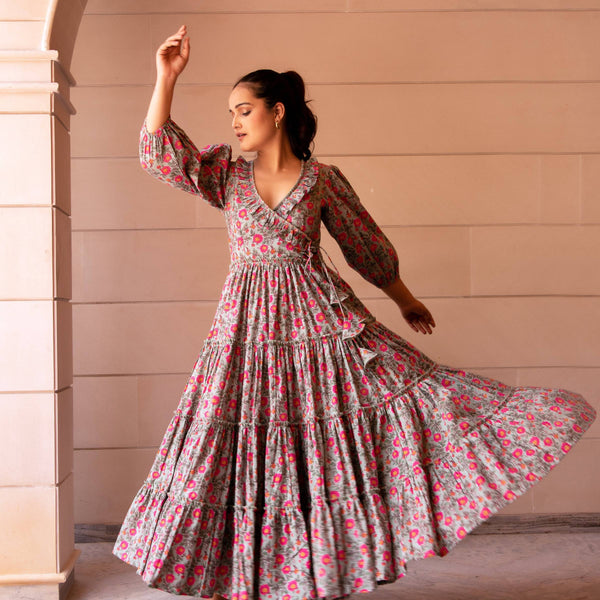 Pomcha Jaipur Kapas Pink Floral Ruffle Long Dress - Distacart