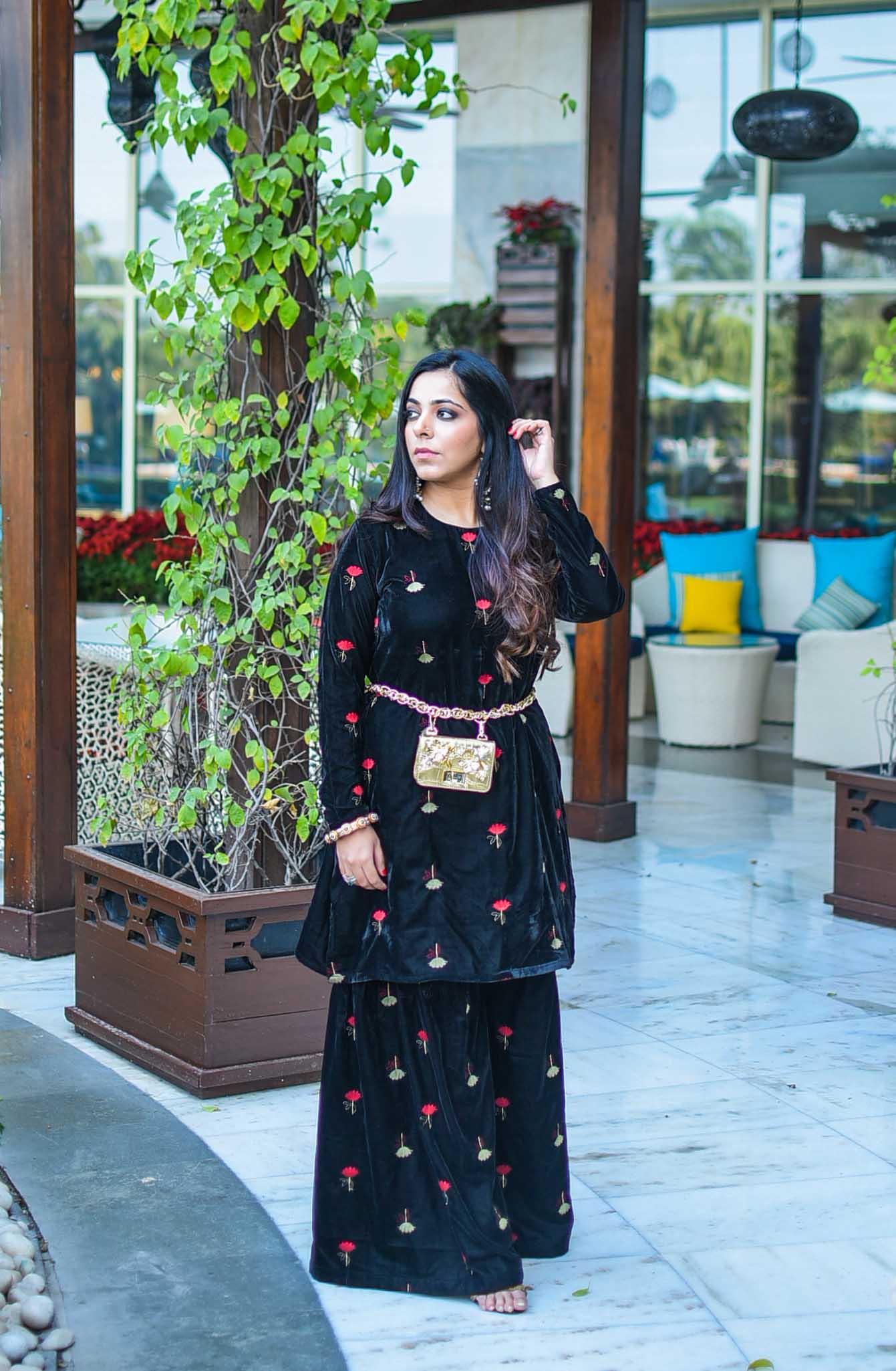 trueBrowns Black Velvet Embroidered Kurta Sharara Set - Distacart