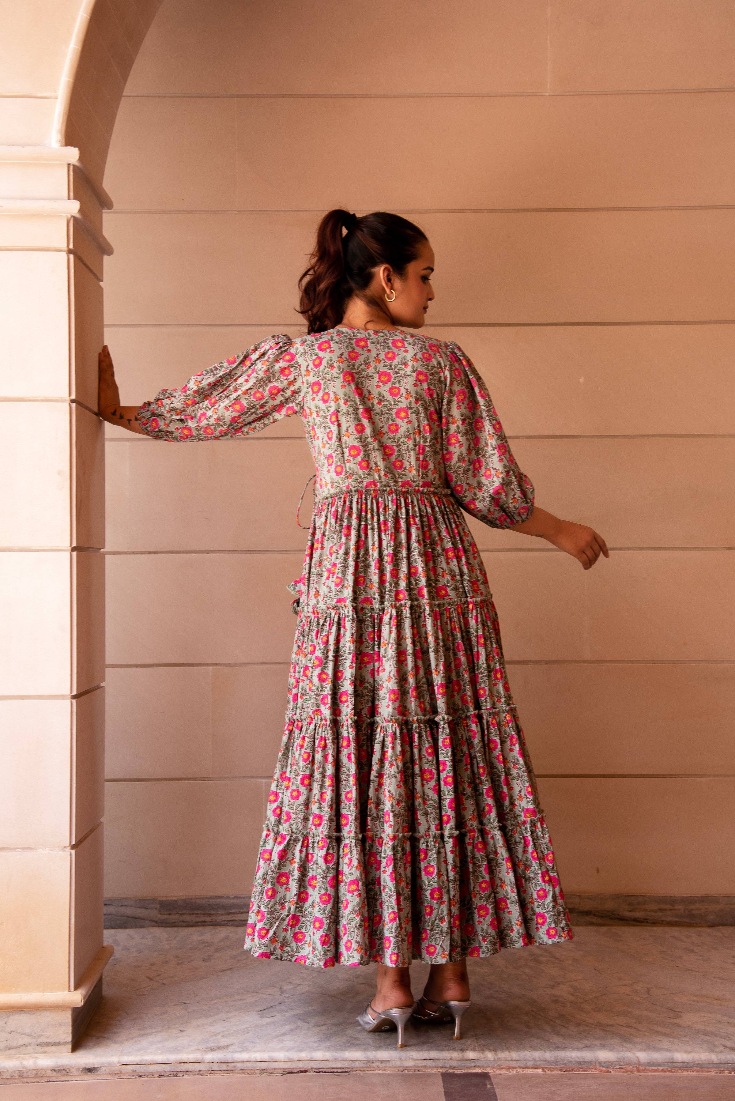 Pomcha Jaipur Kapas Pink Floral Ruffle Long Dress - Distacart