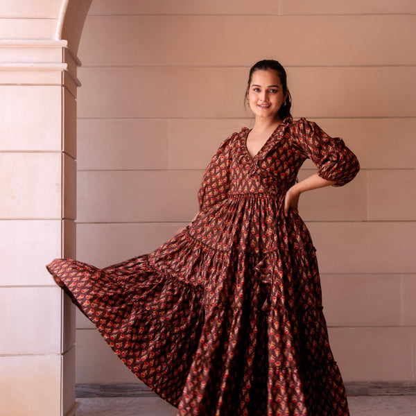 Pomcha Jaipur Kapas Red Phool Brown Ruffle Long Dress - Distacart