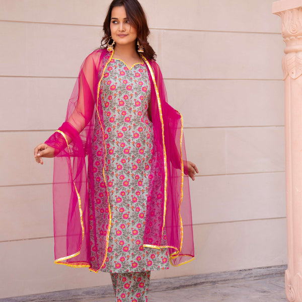 Pomcha Jaipur Kapas Pink Floral Sleeveless Suit Set - Distacart
