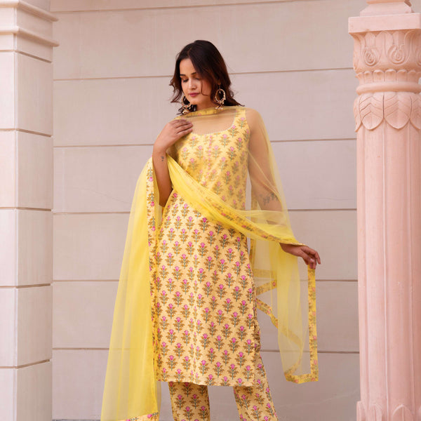 Pomcha Jaipur Kapas Lemon Yellow Floral Sleeveless Suit Set - Distacart