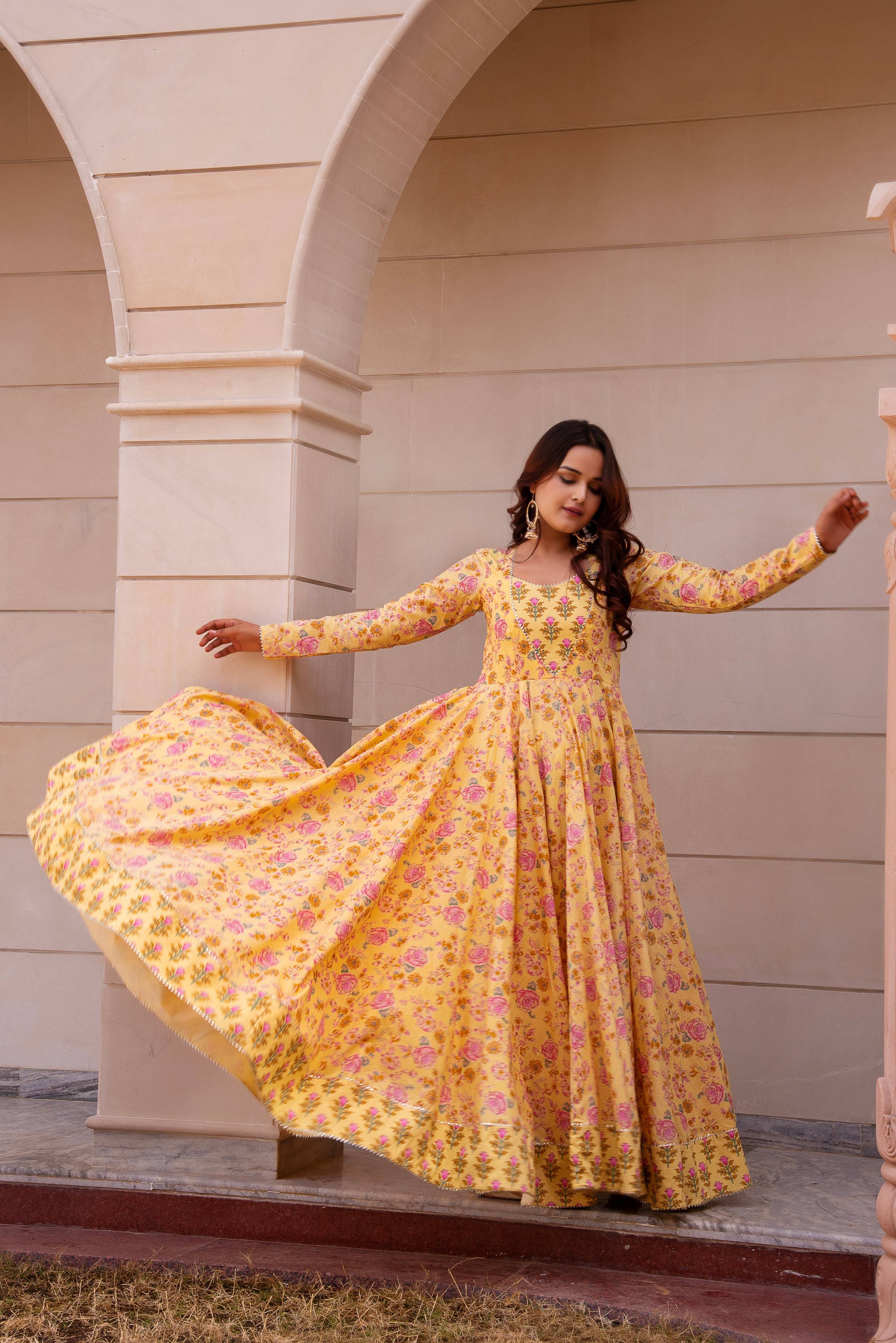 Pomcha Jaipur Kapas Lemon Yellow Floral Full Sleeve Long Dress - Distacart