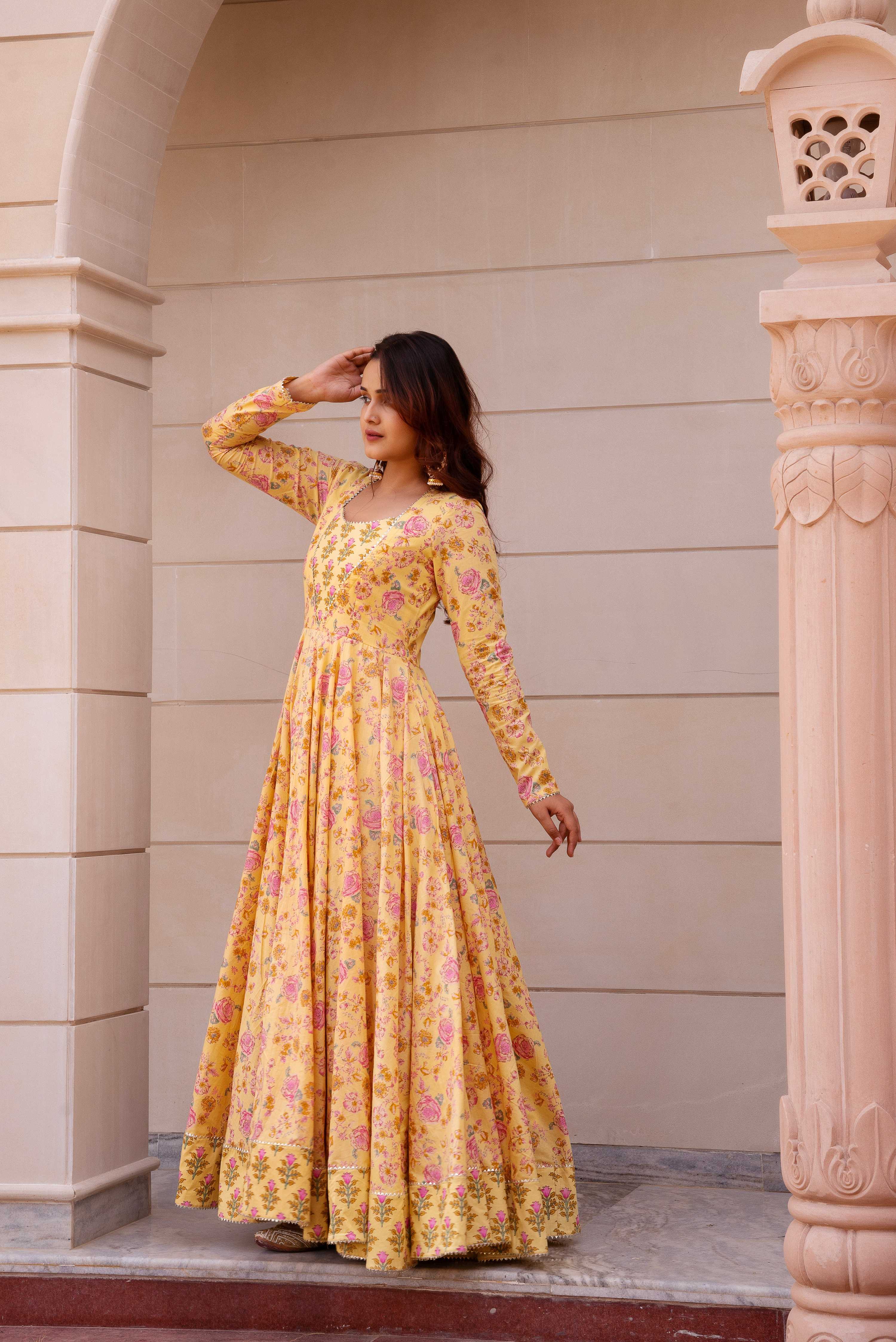 Pomcha Jaipur Kapas Lemon Yellow Floral Full Sleeve Long Dress - Distacart