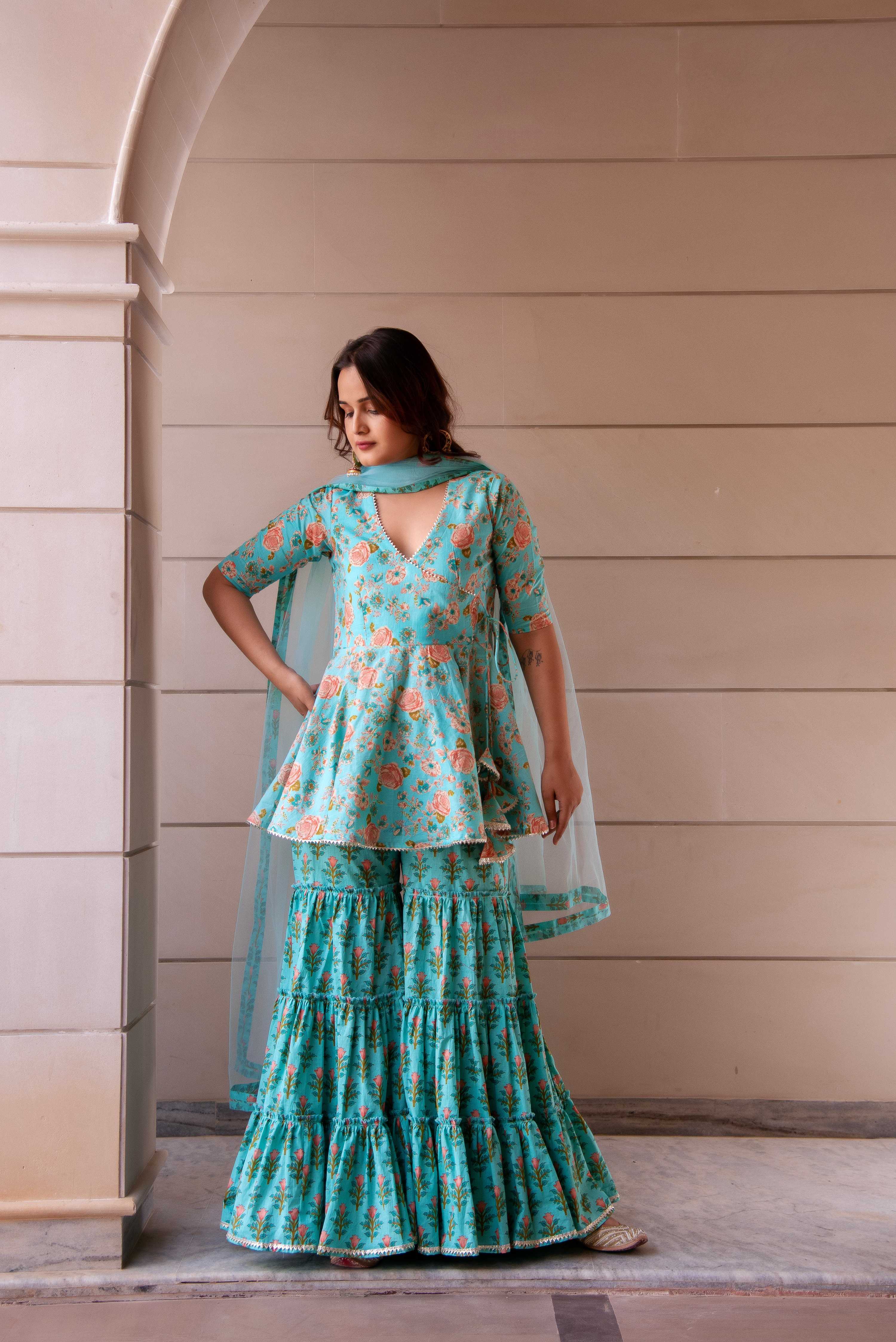Pomcha Jaipur Kapas Teal Green Sharara Set - Distacart