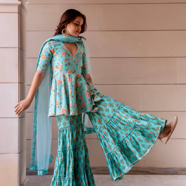 Pomcha Jaipur Kapas Teal Green Sharara Set - Distacart
