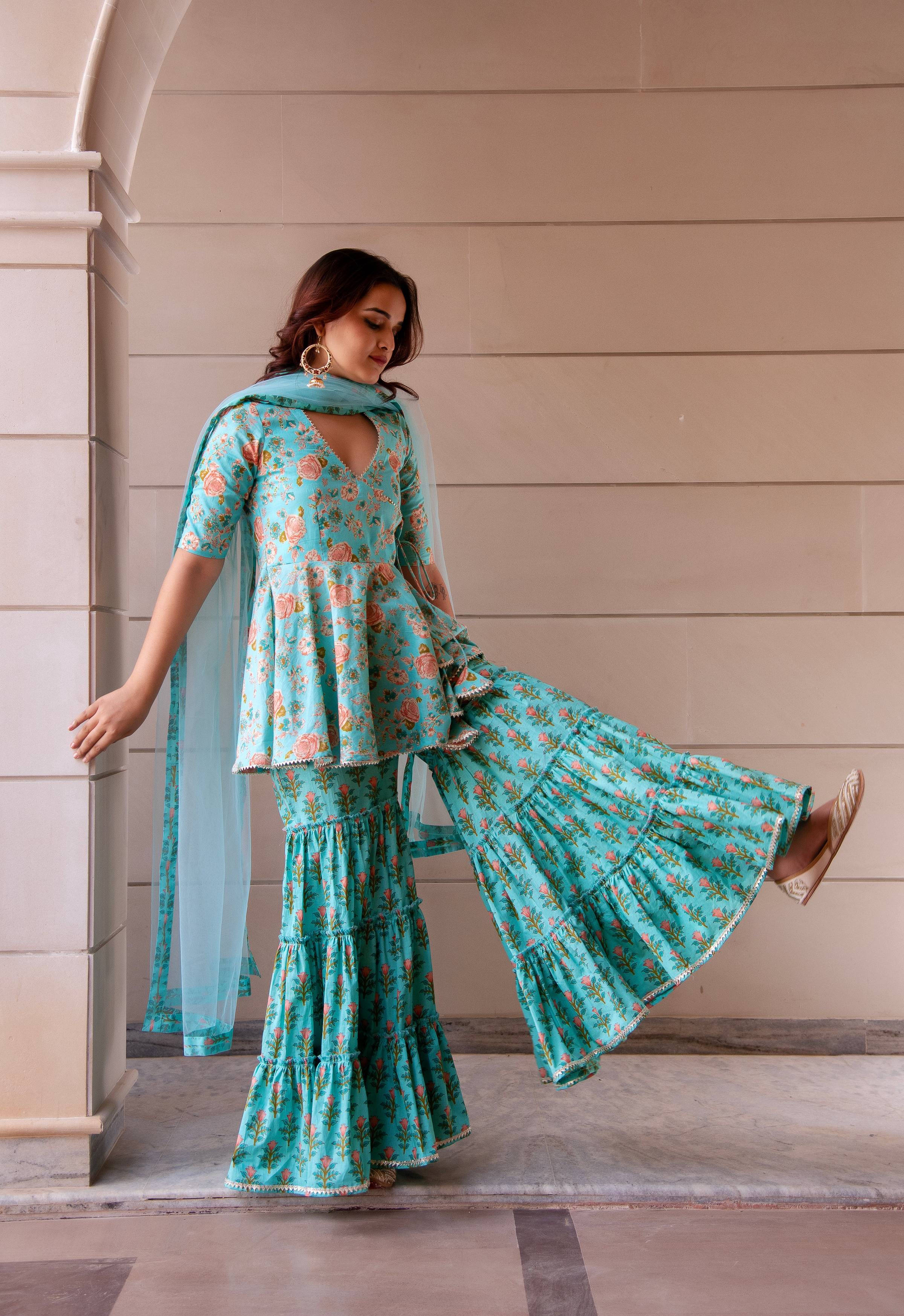 Pomcha Jaipur Kapas Teal Green Sharara Set - Distacart