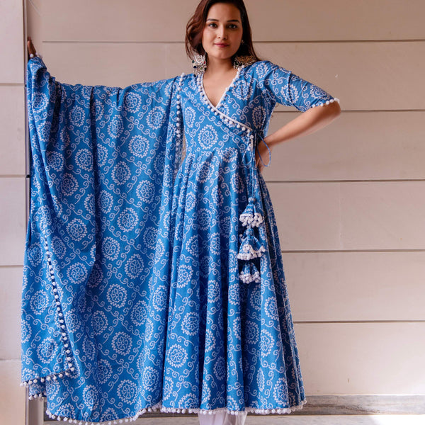 Pomcha Jaipur Kapas Blue Bandhej Angrakha Set - Distacart