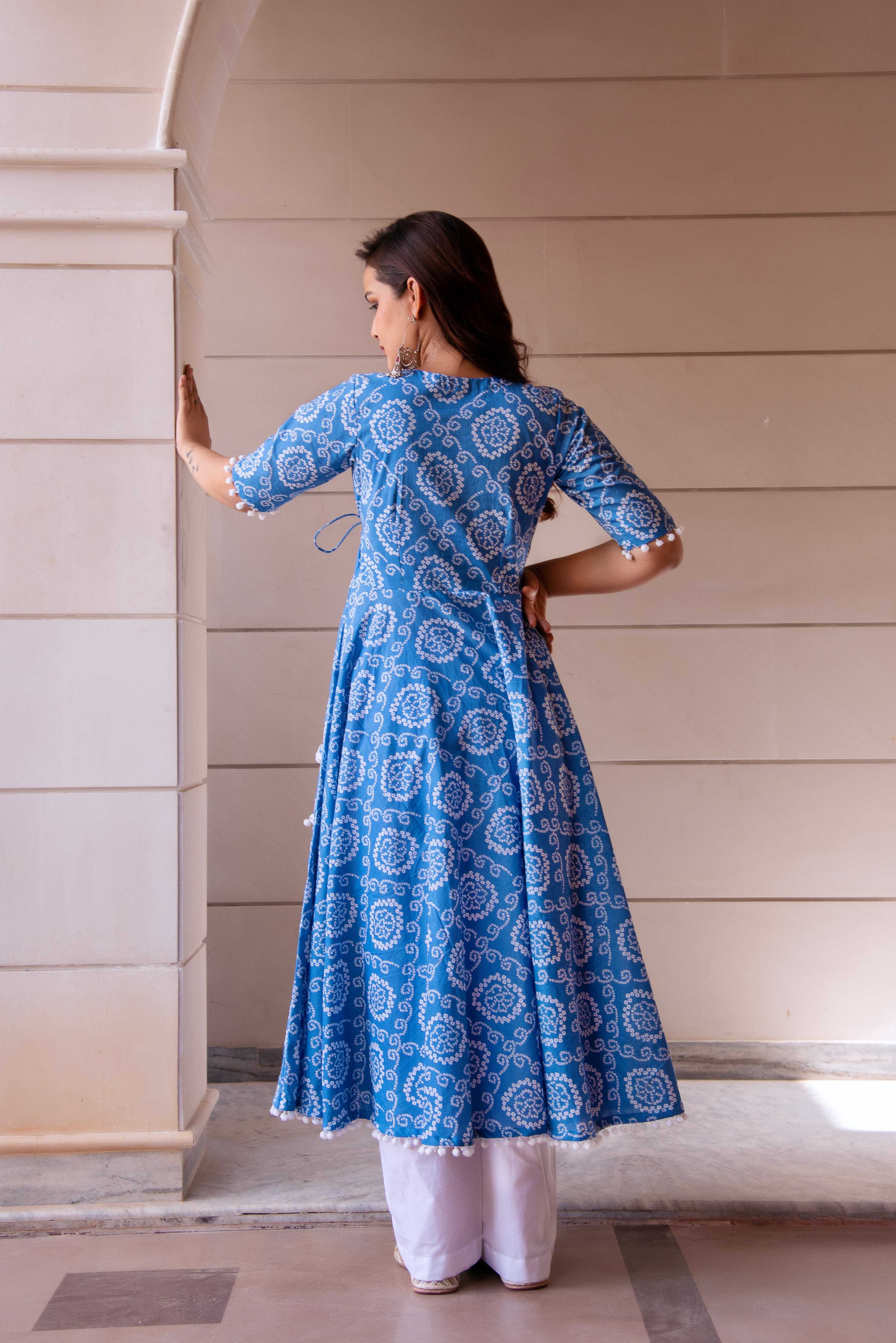 Pomcha Jaipur Kapas Blue Bandhej Angrakha Set - Distacart