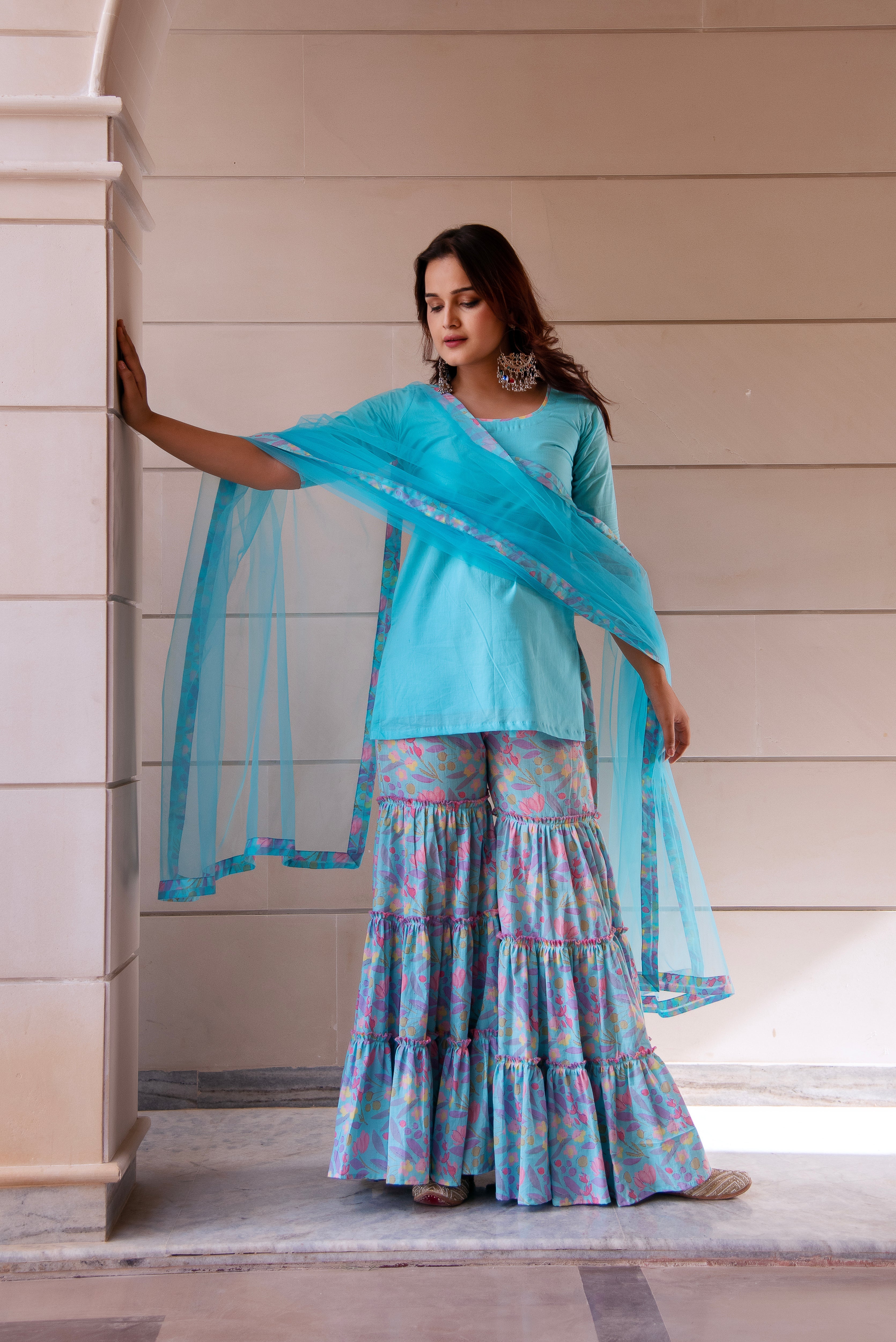Pomcha Jaipur Kapas Pastel Blue Printed Sharara Set