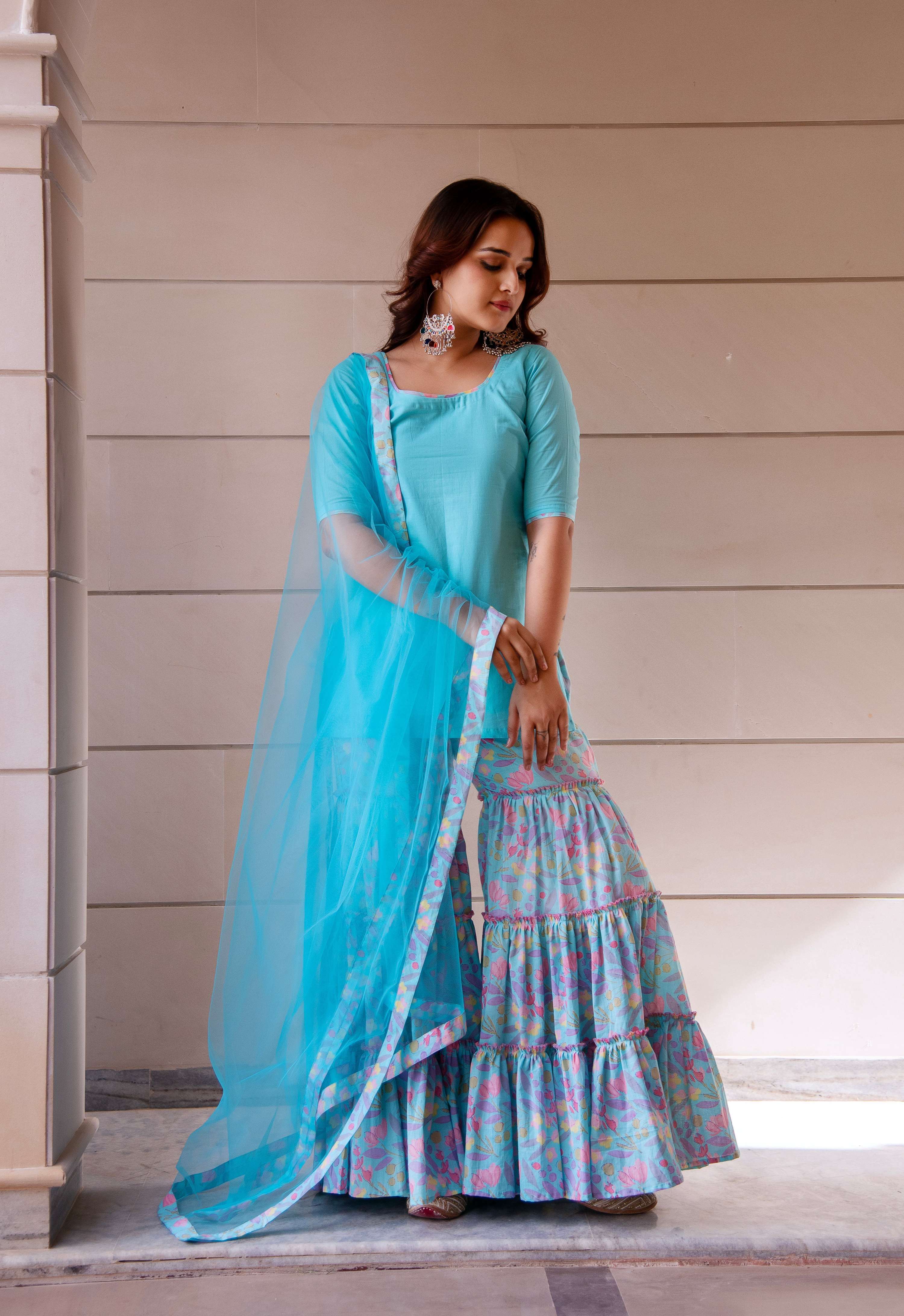Pomcha Jaipur Kapas Pastel Blue Printed Sharara Set - Distacart
