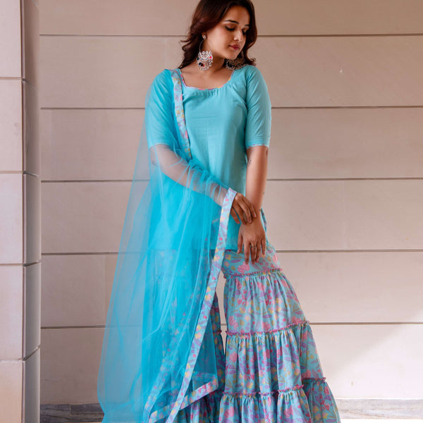 Pomcha Jaipur Kapas Pastel Blue Printed Sharara Set - Distacart