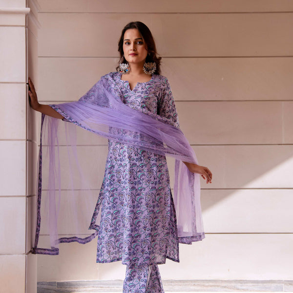 Pomcha Jaipur Kapas Lavender Floral Suit Set - Distacart