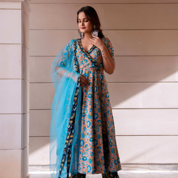 Pomcha Jaipur Kapas Blue Phool Ruffle Angrakha Set - Distacart