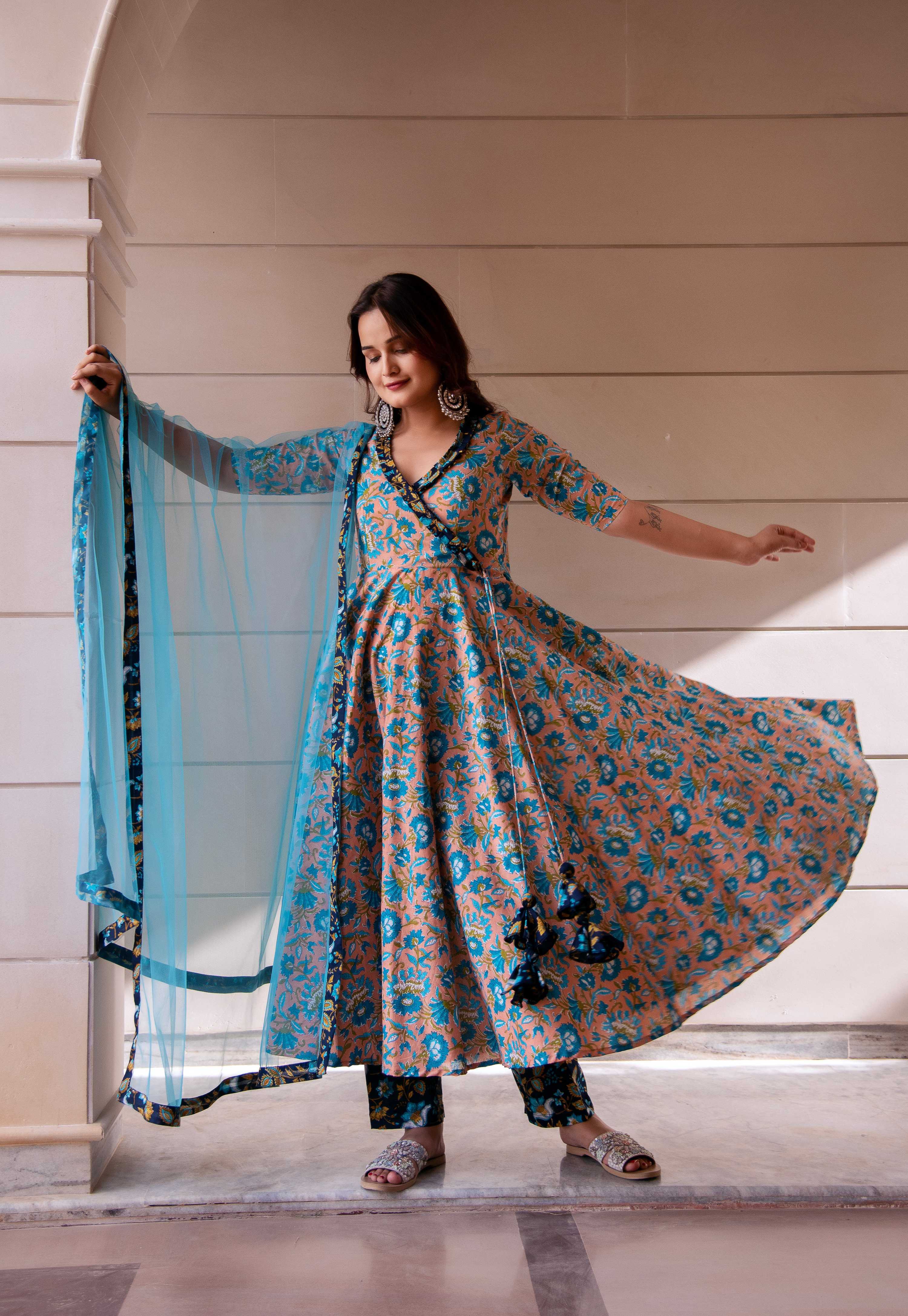 Pomcha Jaipur Kapas Blue Phool Ruffle Angrakha Set - Distacart