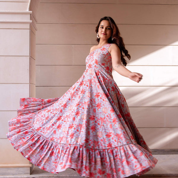 Pomcha Jaipur Kapas One Shoulder Printed Long Dress - Distacart