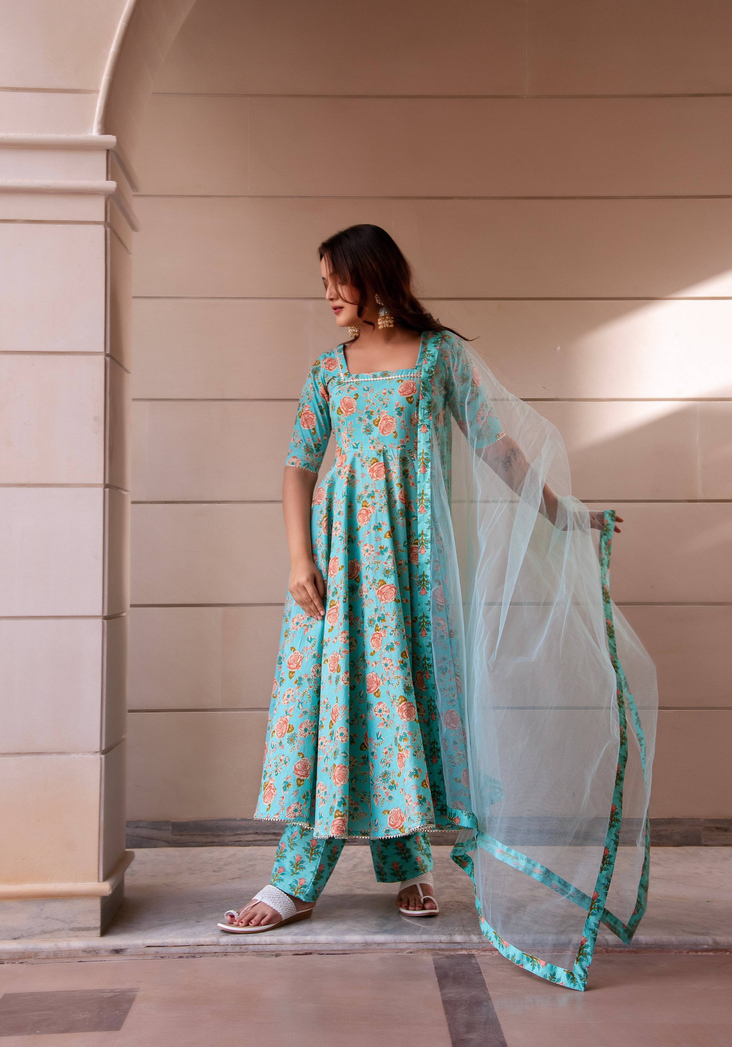 Pomcha Jaipur Kapas Teal Green Anarkali Set - Distacart