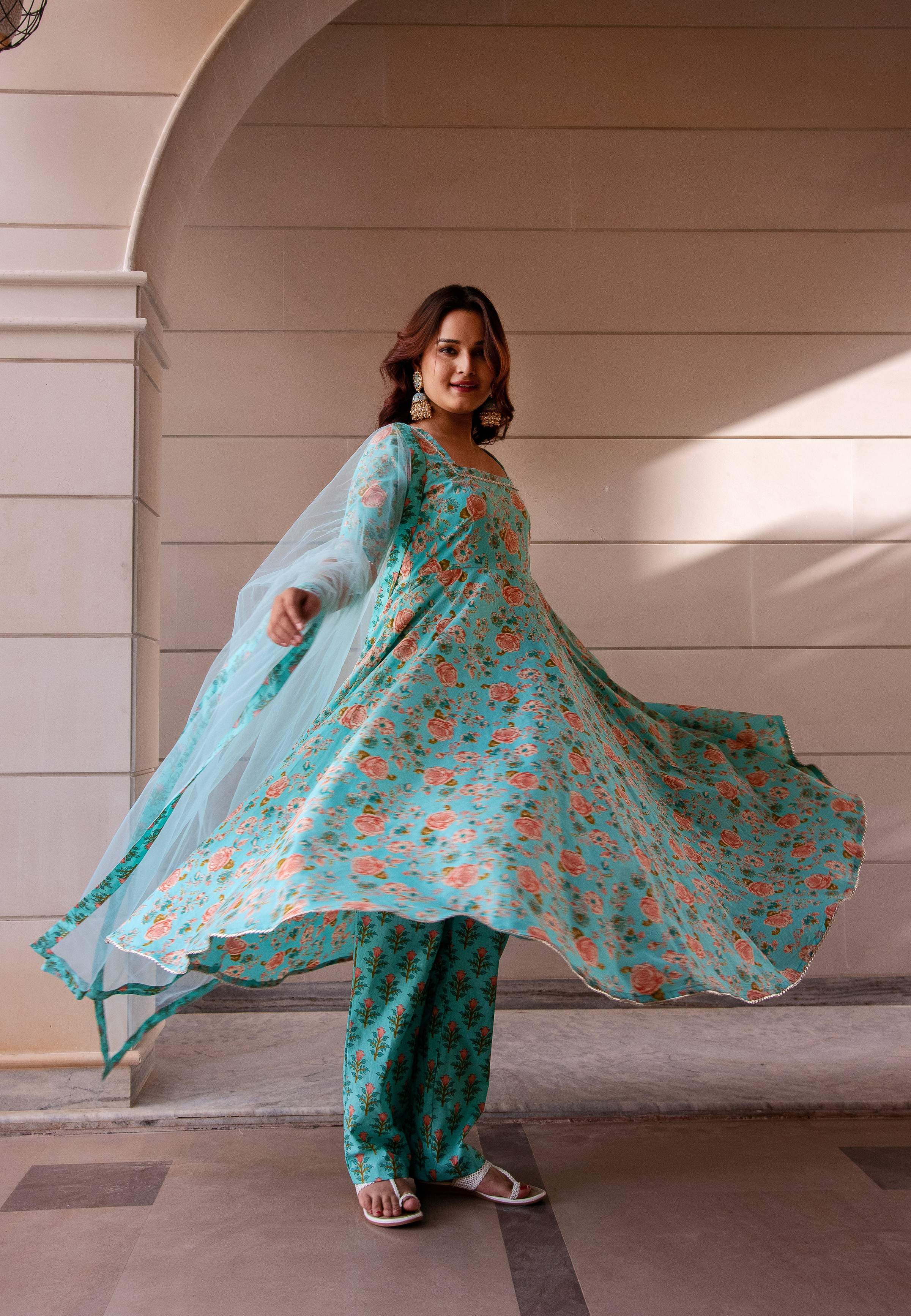 Pomcha Jaipur Kapas Teal Green Anarkali Set - Distacart