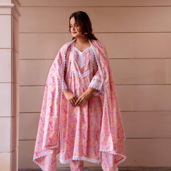 Pomcha Jaipur Kapas Pastel Peach Lace Suit Set - Distacart