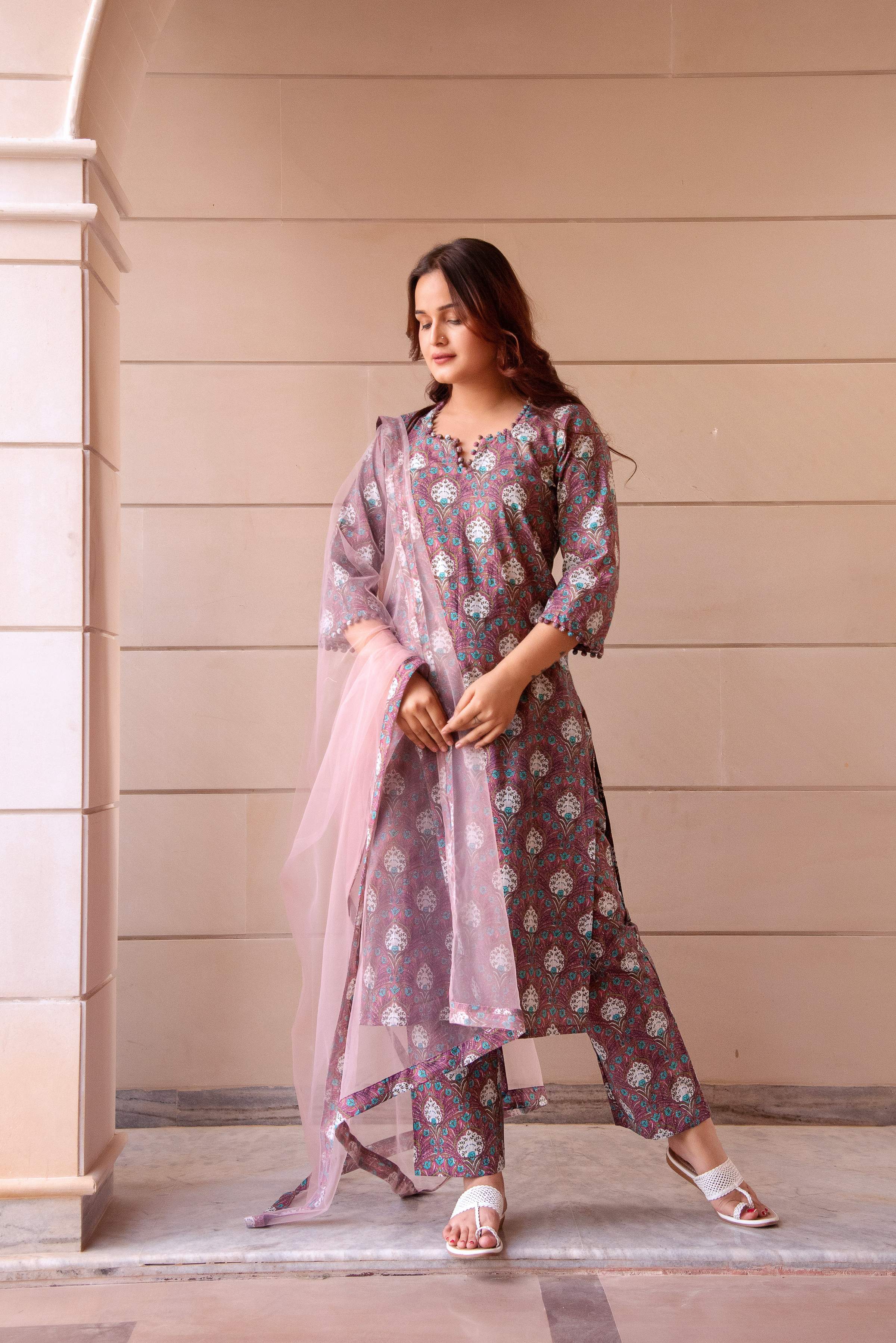 Pomcha Jaipur Kapas Purple Paisley Printed Suit Set - Distacart