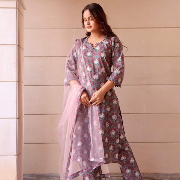 Pomcha Jaipur Kapas Purple Paisley Printed Suit Set - Distacart