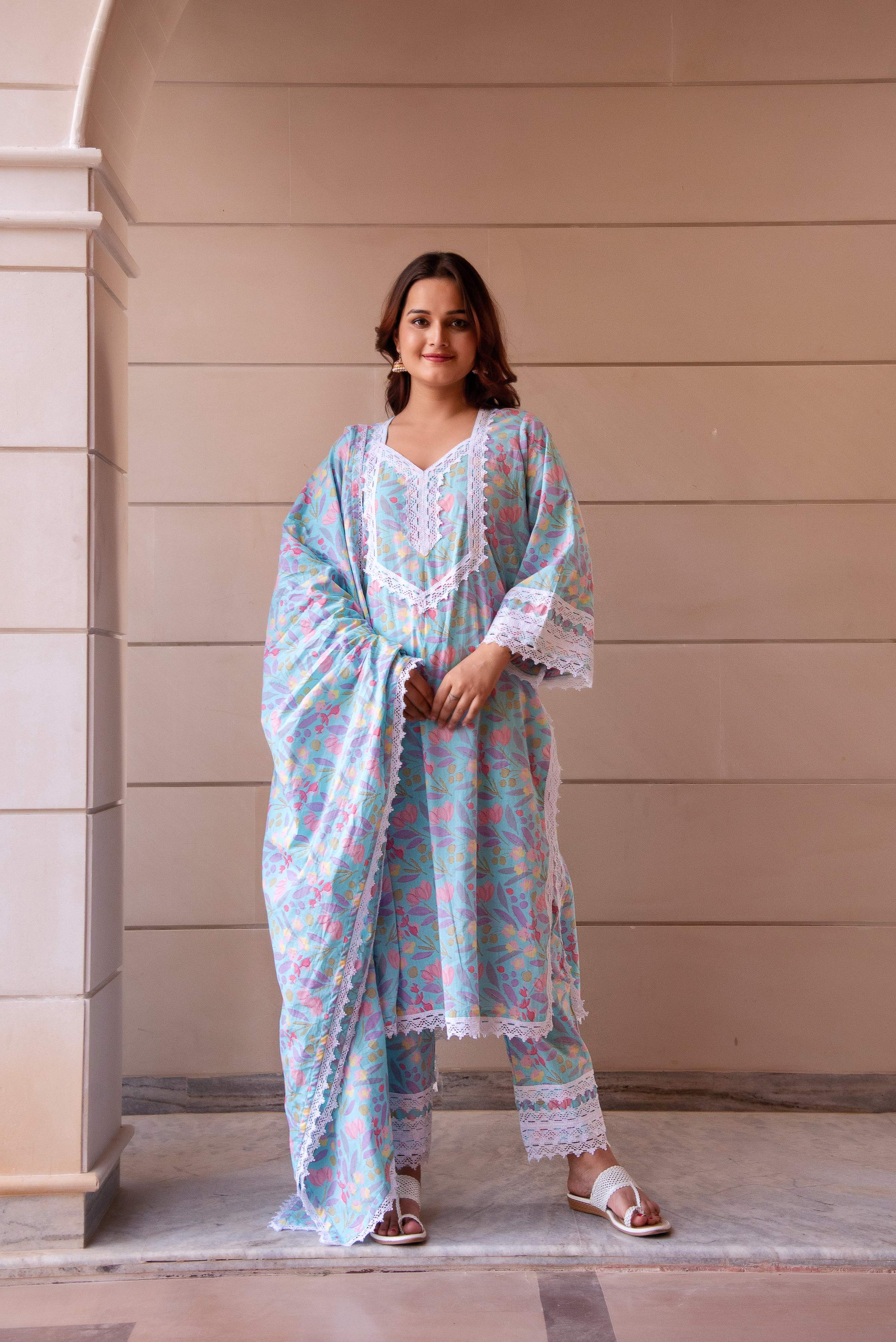 Pomcha Jaipur Kapas Pastel Blue Lace Suit Set - Distacart