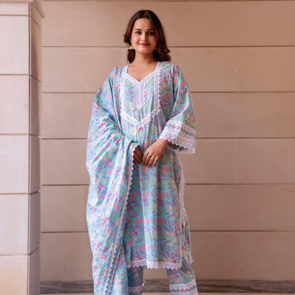 Pomcha Jaipur Kapas Pastel Blue Lace Suit Set - Distacart