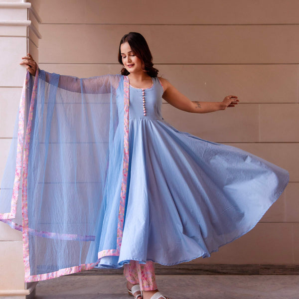 Pomcha Jaipur Kapas Powder Blue Printed Sleeveless Anarkali Set - Distacart