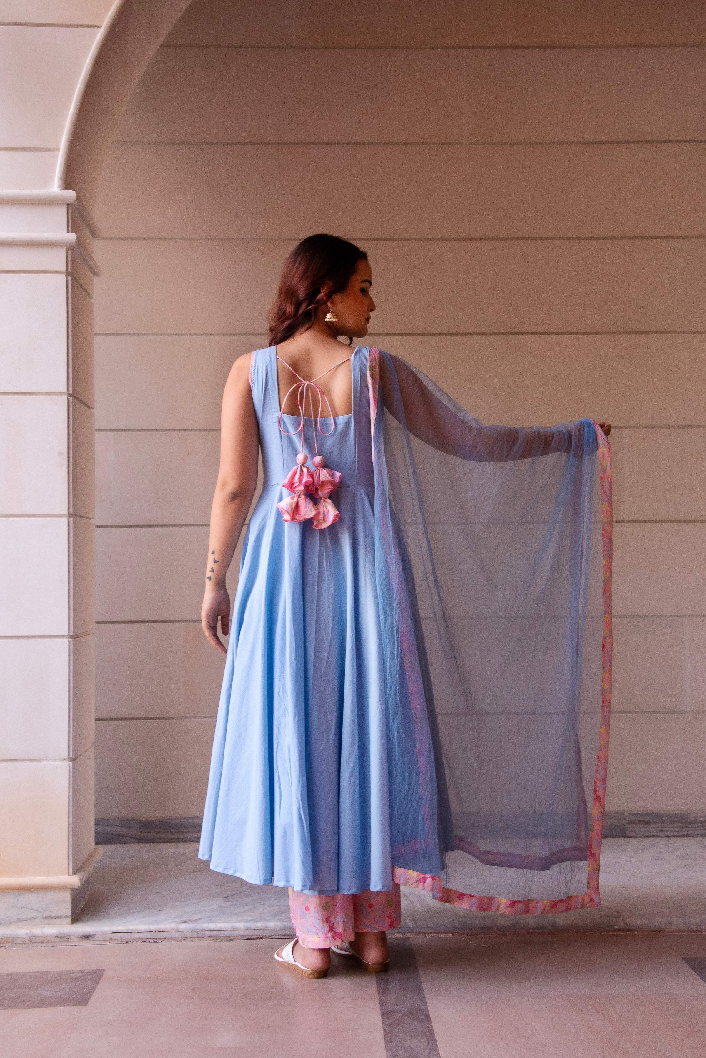 Pomcha Jaipur Kapas Powder Blue Printed Sleeveless Anarkali Set - Distacart