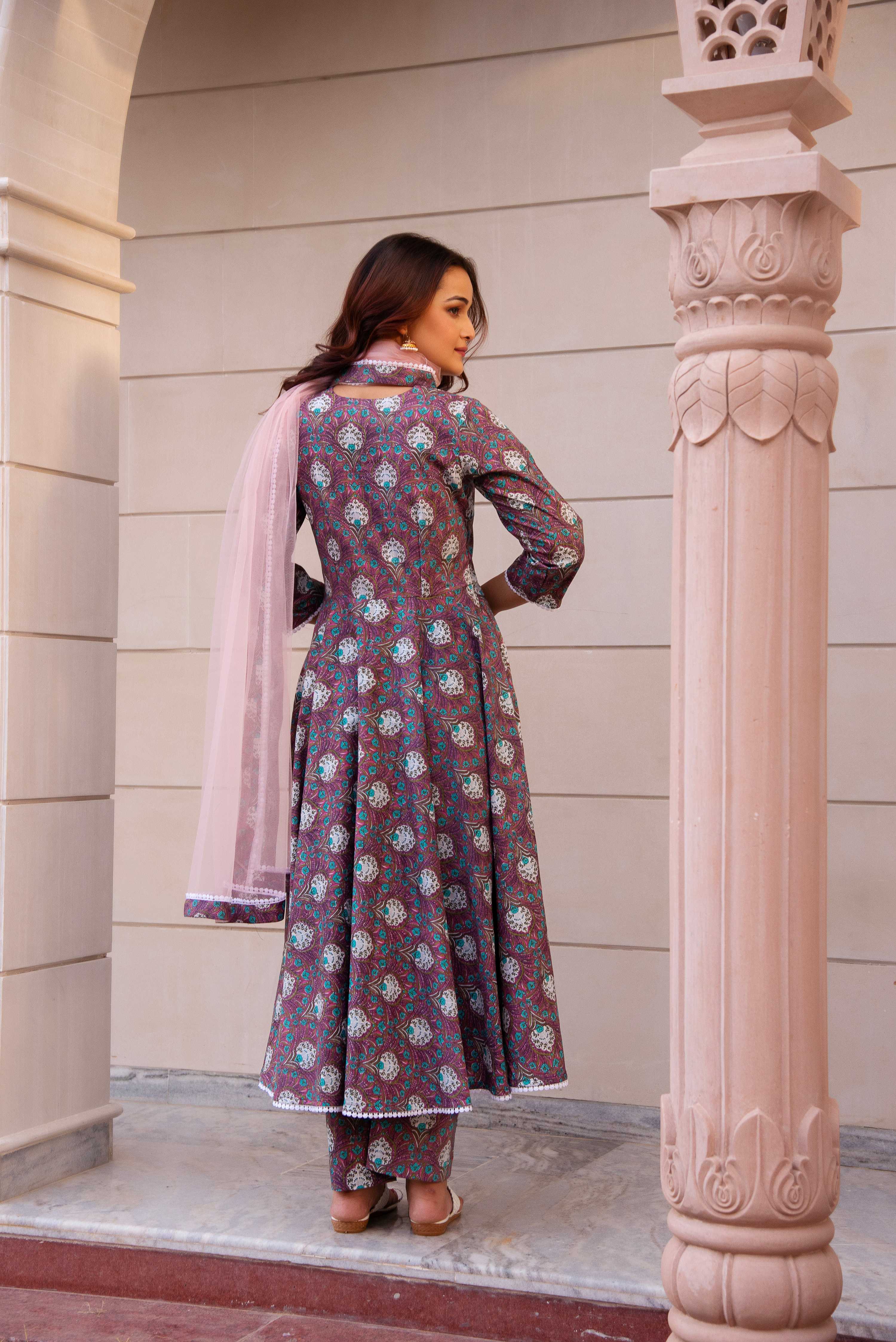 Pomcha Jaipur Kapas Purple Paisley Printed Lace Anarkali Set - Distacart