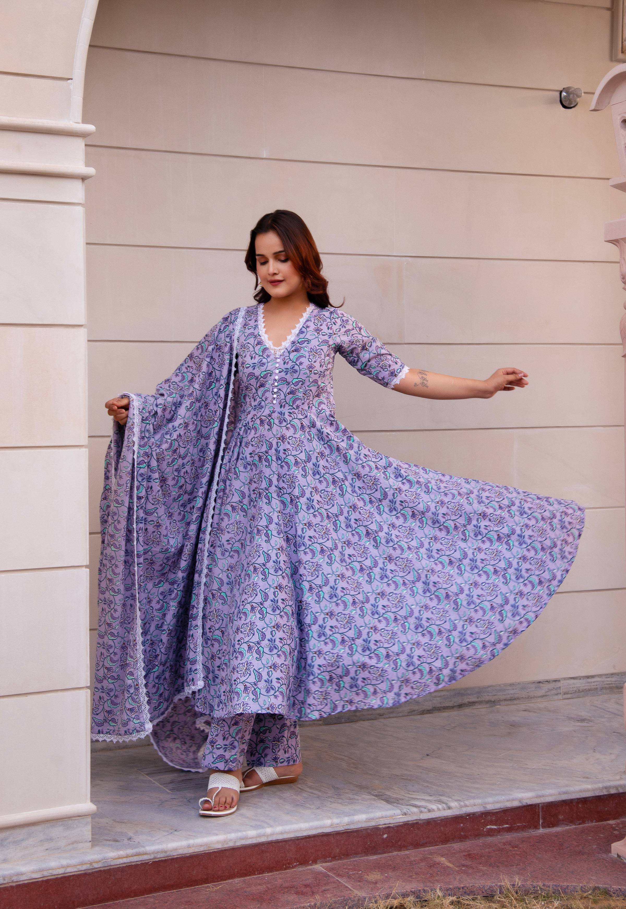 Pomcha Jaipur Kapas Lavender Floral Lace Anarkali Set - Distacart