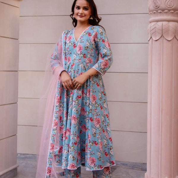 Pomcha Jaipur Kapas Blue Floral Lace Anarkali Set - Distacart