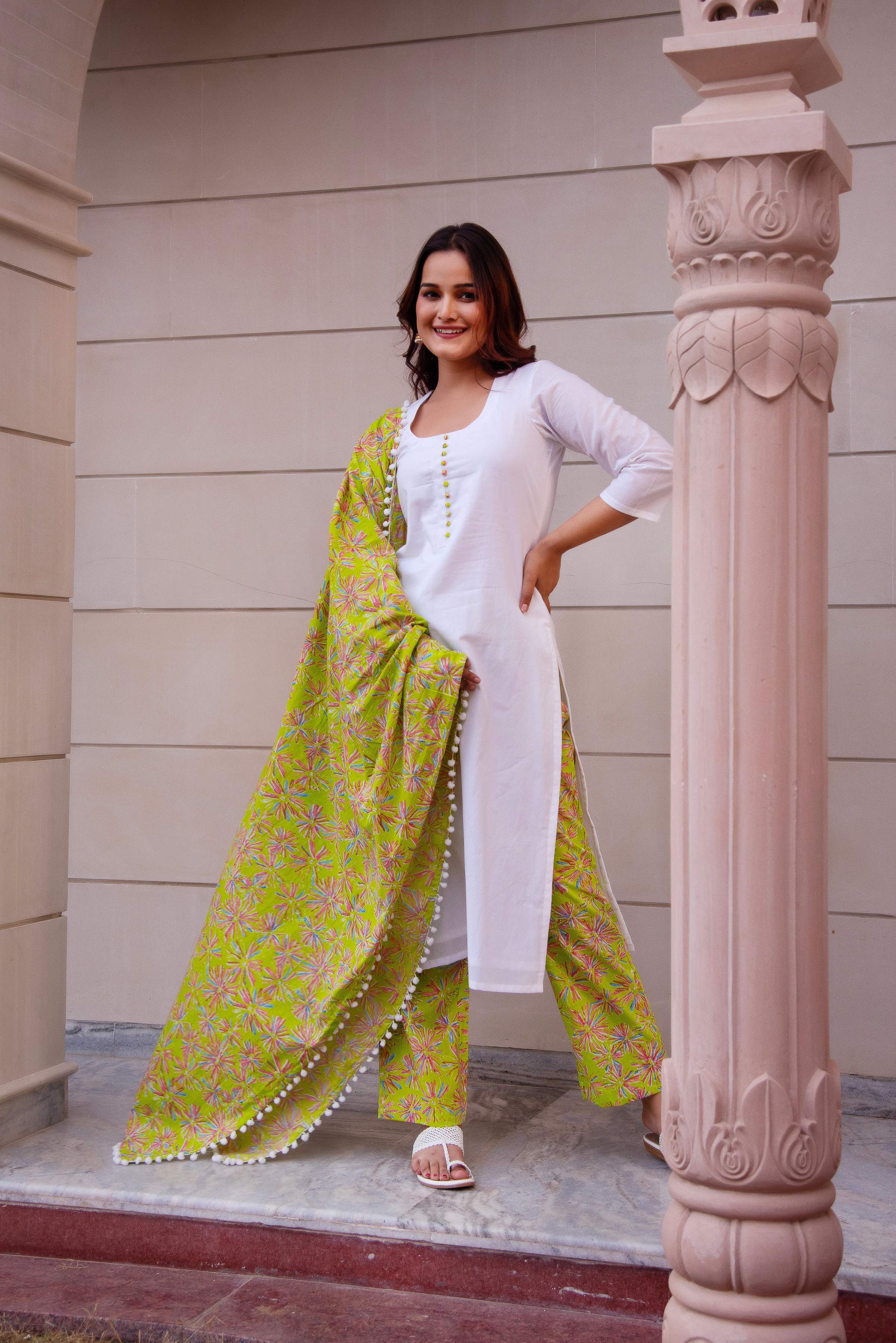 Pomcha Jaipur Kapas Green White Suit Set - Distacart