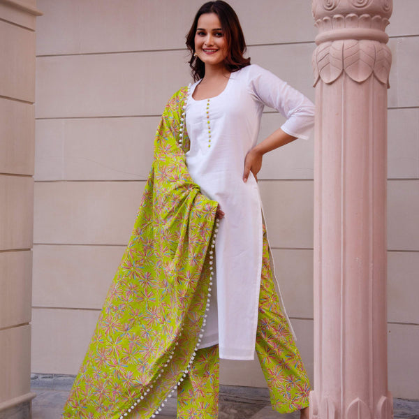 Pomcha Jaipur Kapas Green White Suit Set - Distacart