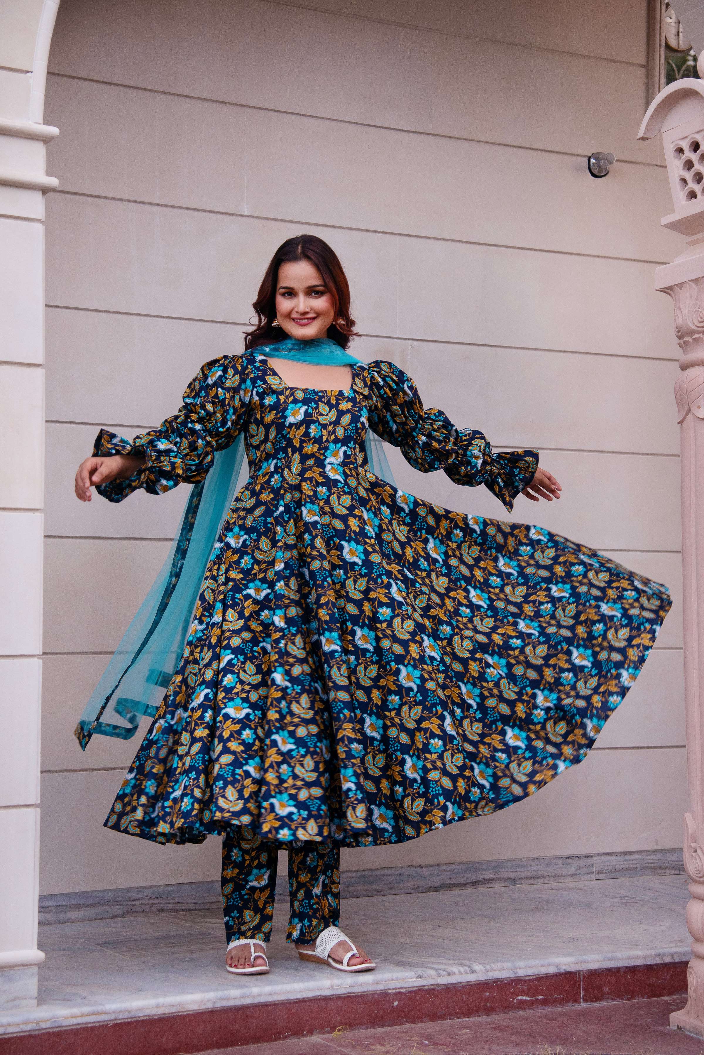 Pomcha Jaipur Kapas Blue Printed Puff Full Sleeve Anarkali Set - Distacart