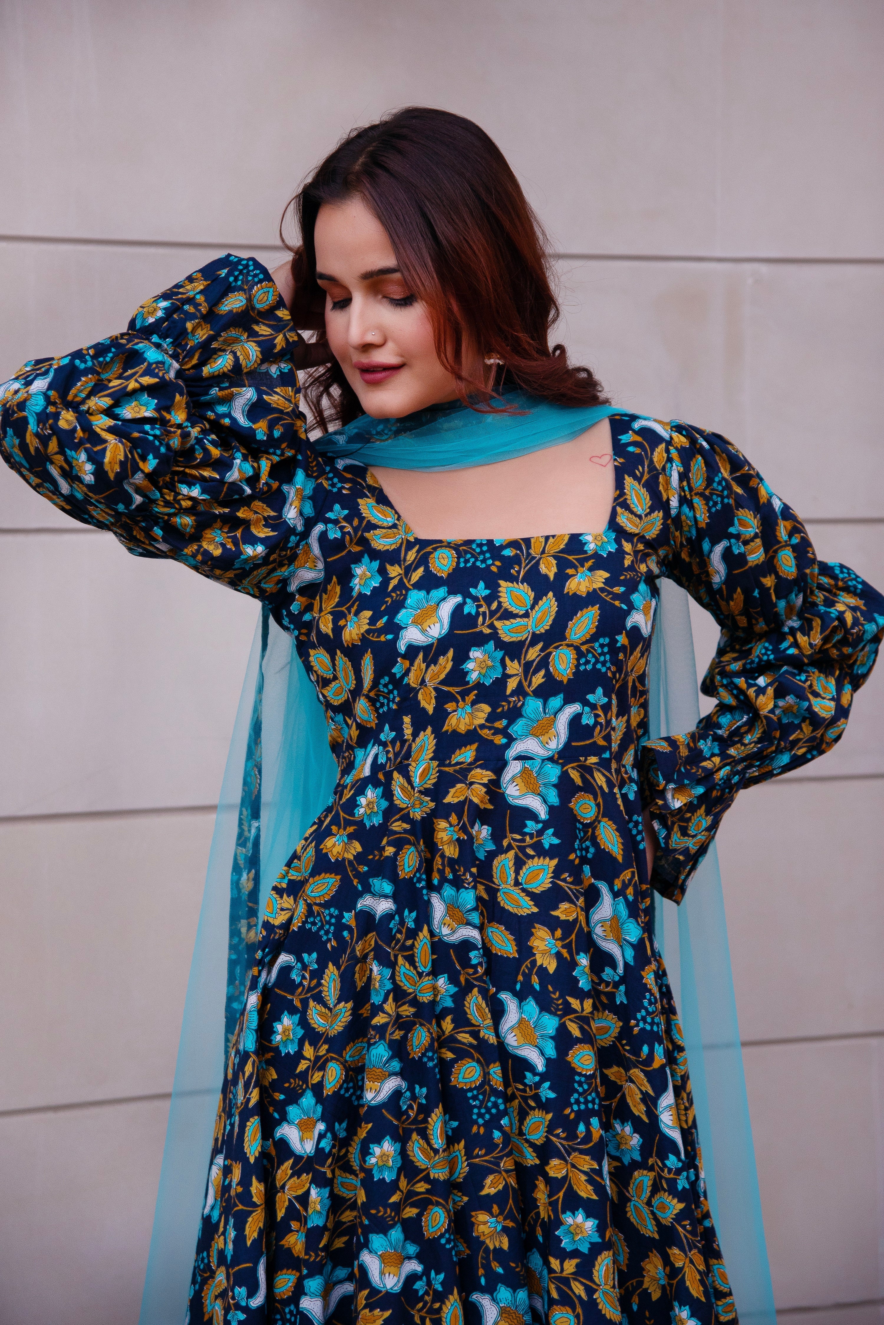 Pomcha Jaipur Kapas Blue Printed Puff Full Sleeve Anarkali Set