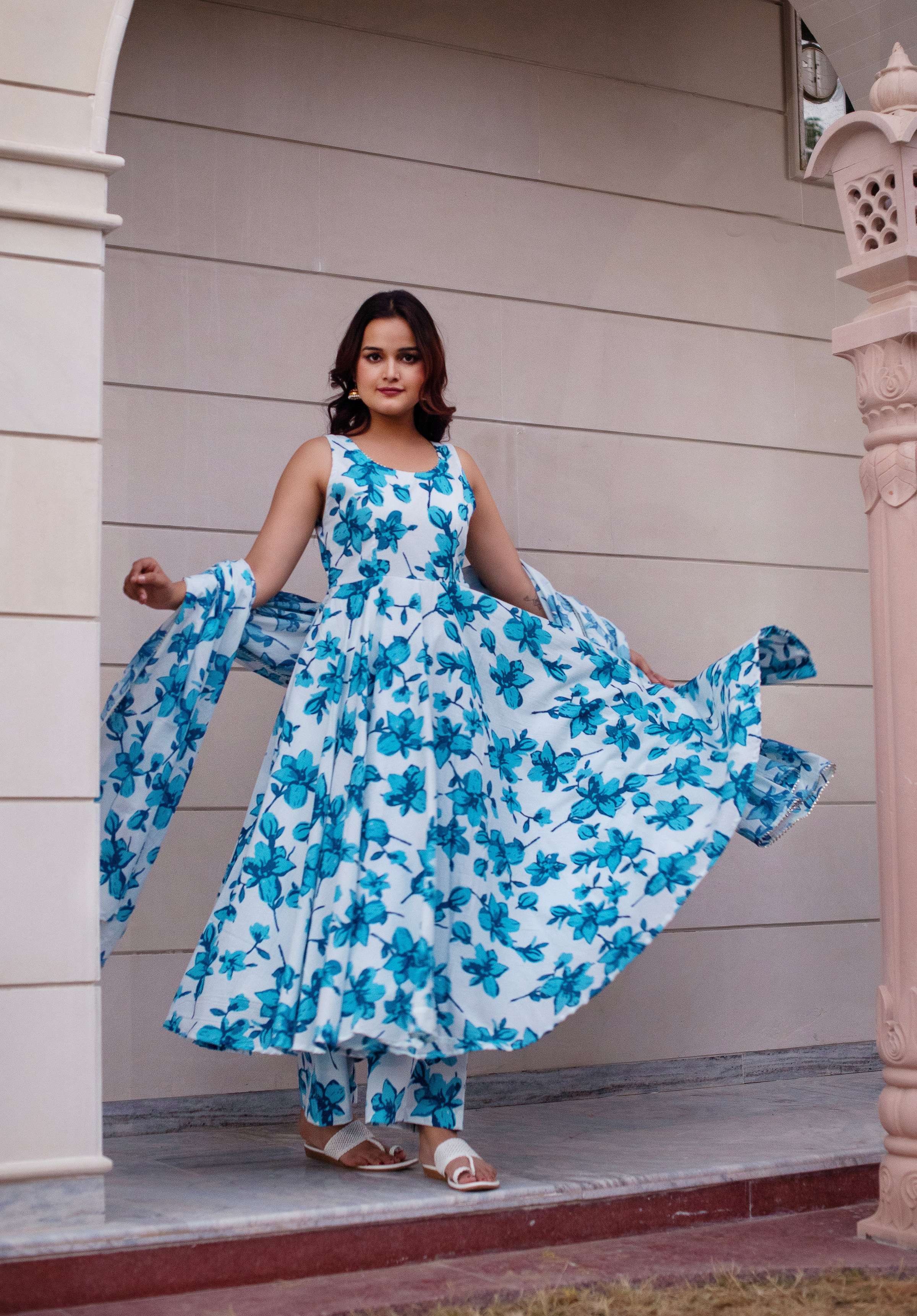 Pomcha Jaipur Kapas Blue Lily Sleeveless Anarkali Set - Distacart