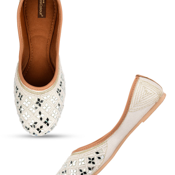 Desi Colour Women Indian Ethnic Footwear-Women's White Ethnic Mirror Mojari - Distacart