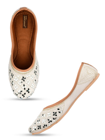 Desi Colour Women Indian Ethnic Footwear-Women's White Ethnic Mirror Mojari - Distacart